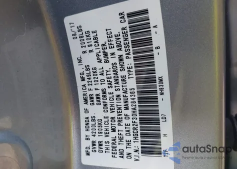 2017 Honda Accord Lx из США, поврежденный, VIN 1HGCR2F30HA284365